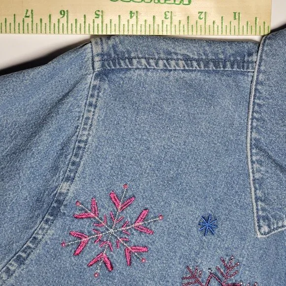 C.J. Banks Womens Blue Denim Long Sleeve Button Up Embroidered Jacket Size 1X - Picture 7 of 13